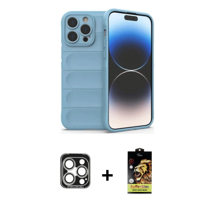 MARSİLYAN™- iPhone 15 Pro Max Kılıf Atlas Koleksiyonu - Siyah Buffer Cam Ekran Koruyucu + Gümüş PVD Metal Kamera Lens