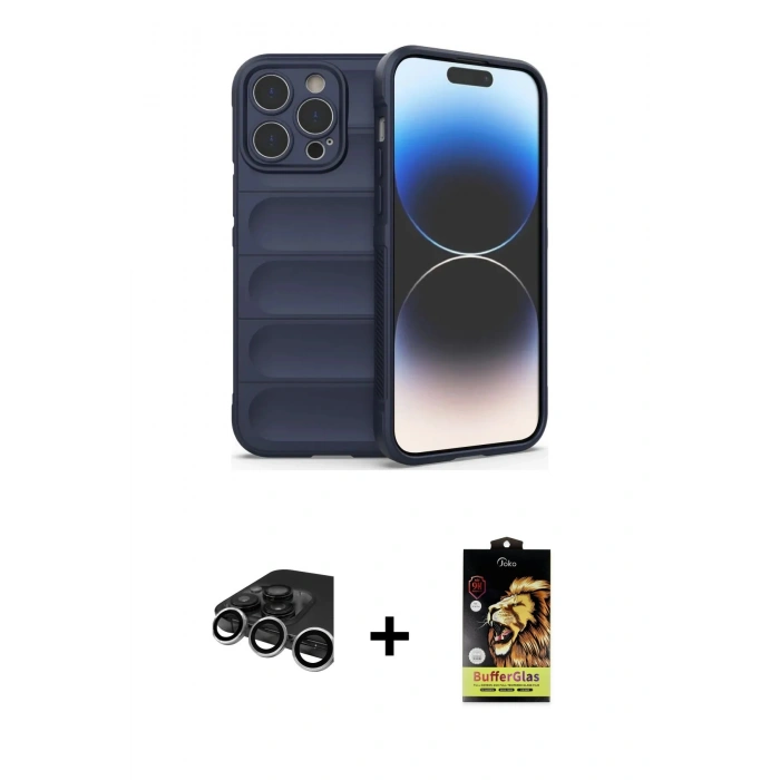 MARSİLYAN™- iPhone 15 Pro Max Kılıf Atlas Koleksiyonu - Siyah Buffer Cam Ekran Koruyucu + Raze Metal Kamera Lens - GS