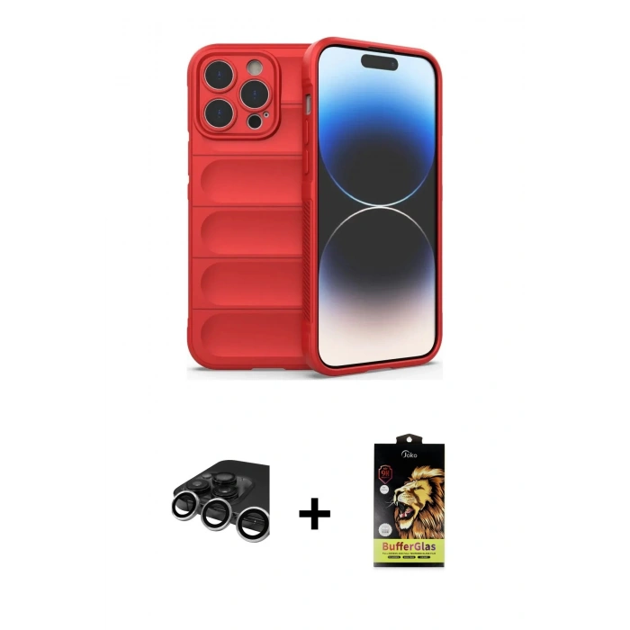 MARSİLYAN™- iPhone 15 Pro Max Kılıf Atlas Koleksiyonu - Siyah Buffer Cam Ekran Koruyucu + Raze Metal Kamera Lens - GS