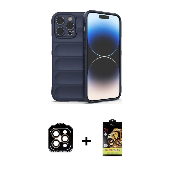 MARSİLYAN™- iPhone 15 Pro Max Kılıf Atlas Koleksiyonu - Siyah Buffer Cam Ekran Koruyucu + PVD Metal Kamera Lens - TU