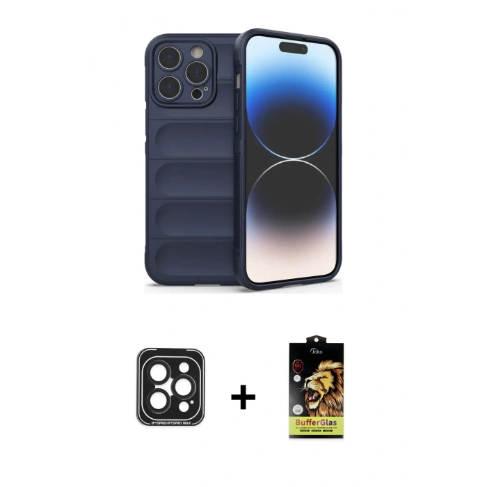 MARSİLYAN™- iPhone 15 Pro Max Kılıf Atlas Koleksiyonu - Siyah Buffer Cam Ekran Koruyucu + PVD Metal Kamera Lens - SH