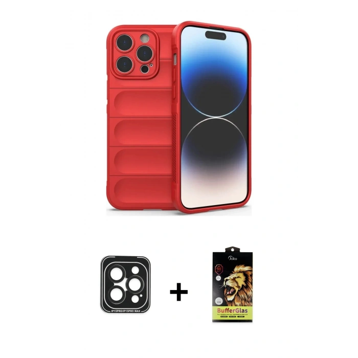 MARSİLYAN™- iPhone 15 Pro Max Kılıf Atlas Koleksiyonu - Siyah Buffer Cam Ekran Koruyucu + PVD Metal Kamera Lens - SH