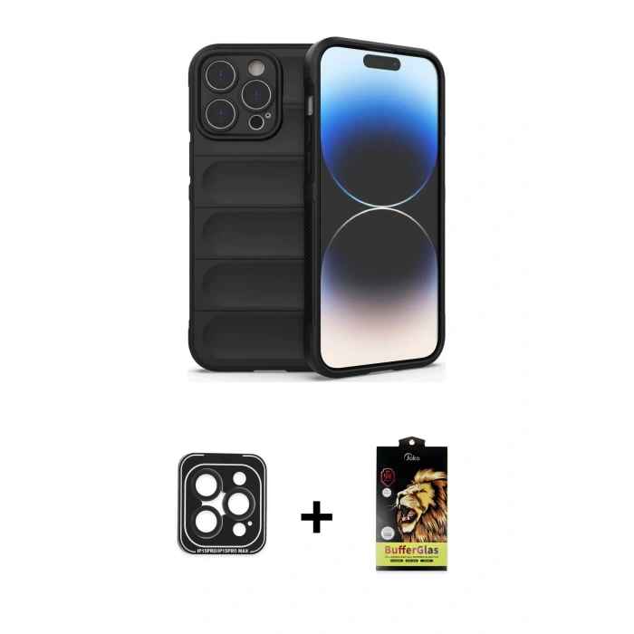 MARSİLYAN™- iPhone 15 Pro Max Kılıf Atlas Koleksiyonu - Siyah Buffer Cam Ekran Koruyucu + PVD Metal Kamera Lens - SH