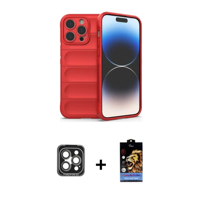MARSİLYAN™- iPhone 15 Pro Max Kılıf Atlas Koleksiyonu - Siyah Buffer Hayalet Cam Ekran Koruyucu + PVD Metal Kamera Lens - GI