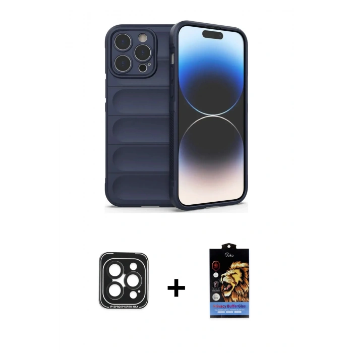MARSİLYAN™- iPhone 15 Pro Max Kılıf Atlas Koleksiyonu - Siyah Buffer Hayalet Cam Ekran Koruyucu + PVD Metal Kamera Lens - SH