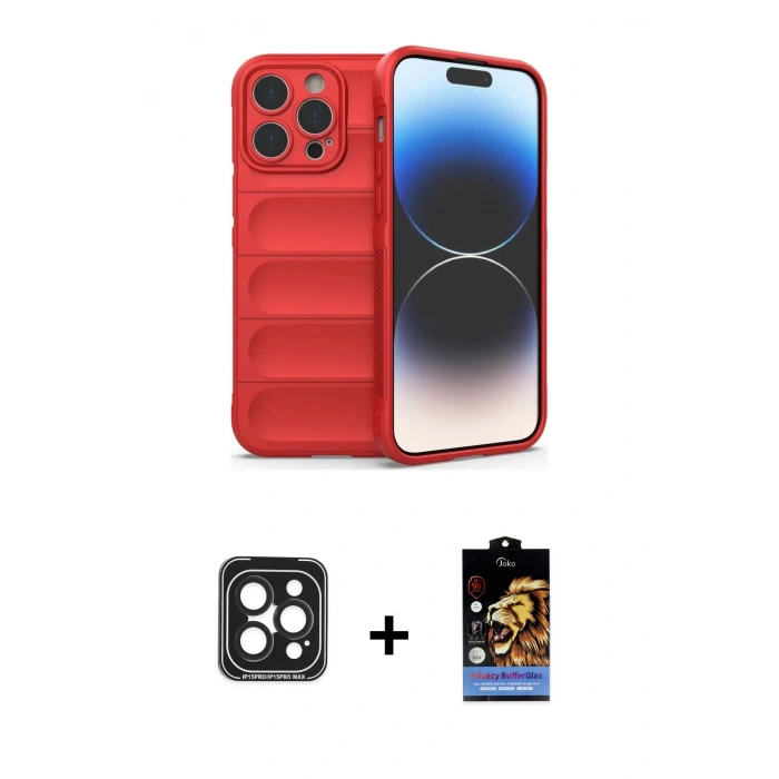 MARSİLYAN™- iPhone 15 Pro Max Kılıf Atlas Koleksiyonu - Siyah Buffer Hayalet Cam Ekran Koruyucu + PVD Metal Kamera Lens - SH