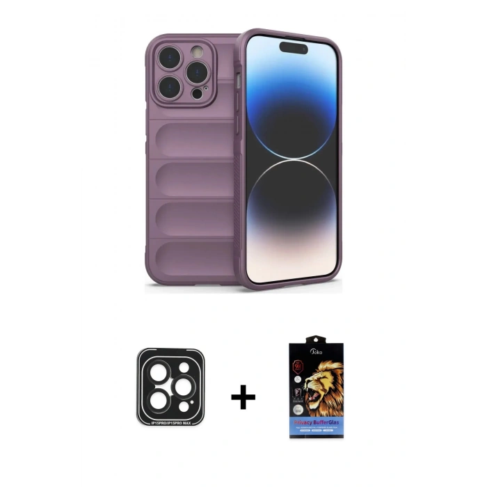 MARSİLYAN™- iPhone 15 Pro Max Kılıf Atlas Koleksiyonu - Siyah Buffer Hayalet Cam Ekran Koruyucu + PVD Metal Kamera Lens - SH
