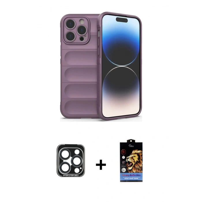 MARSİLYAN™- iPhone 15 Pro Max Kılıf Atlas Koleksiyonu - Siyah Buffer Hayalet Cam Ekran Koruyucu + PVD Metal Kamera Lens - LT