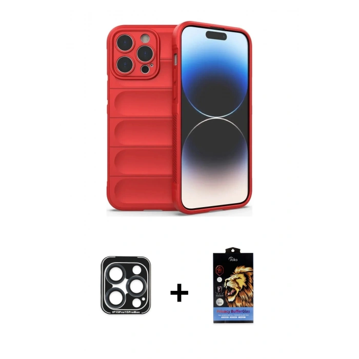 MARSİLYAN™- iPhone 15 Pro Max Kılıf Atlas Koleksiyonu - Siyah Buffer Hayalet Cam Ekran Koruyucu + PVD Metal Kamera Lens - LT