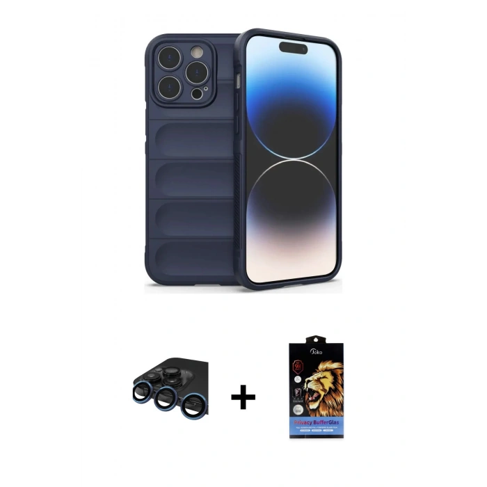 MARSİLYAN™- iPhone 15 Pro Max Kılıf Atlas Koleksiyonu - Siyah Buffer Hayalet Cam Ekran Koruyucu + Raze Metal Kamera Lens - LT
