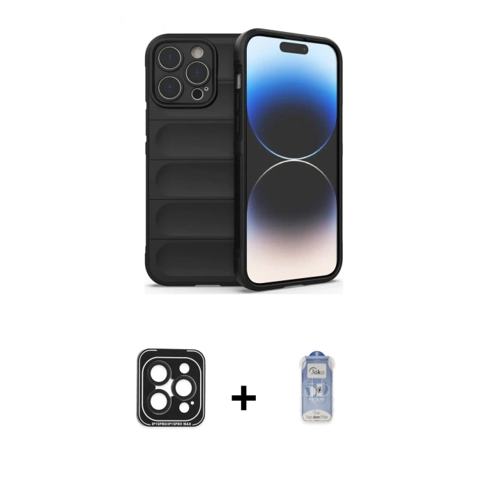 MARSİLYAN™- iPhone 15 Pro Max Kılıf Atlas Koleksiyonu - Siyah Joko Magic 5D Cam + PVD Metal Kamera Lens - SH