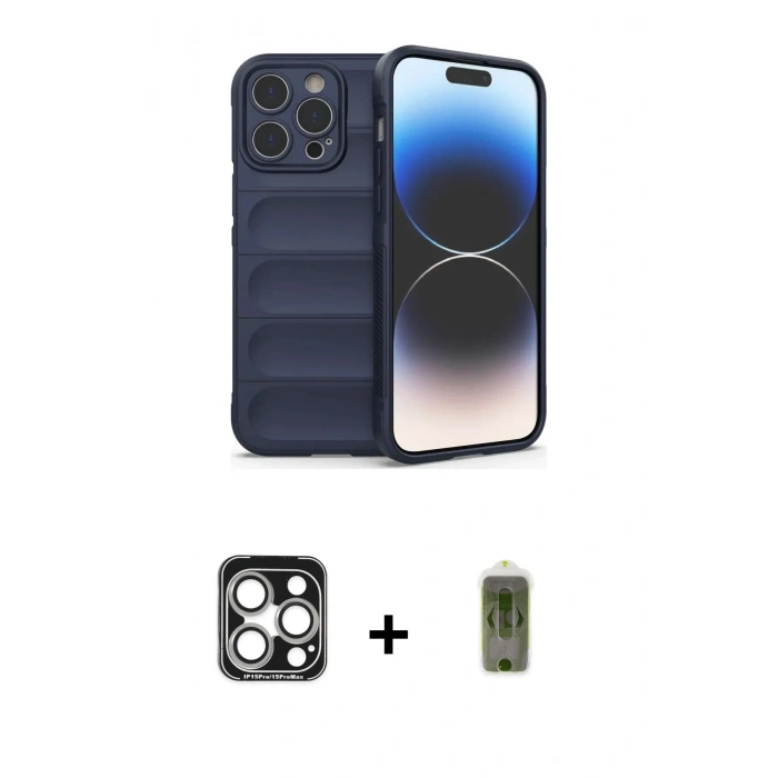 MARSİLYAN™- iPhone 15 Pro Max Kılıf Atlas Koleksiyonu - Siyah Joko Magic 5D Hayalet Cam + PVD Metal Kamera Lens - GS