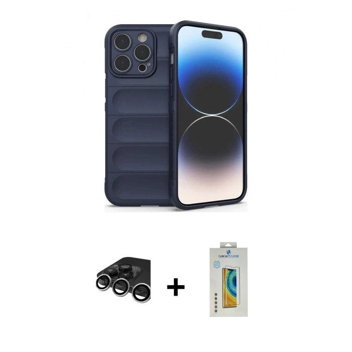 MARSİLYAN™- iPhone 15 Pro Max Kılıf Atlas Koleksiyonu - Siyah Polymer Nano Ekran Koruyucu + Raze Metal Kamera Lens - GS