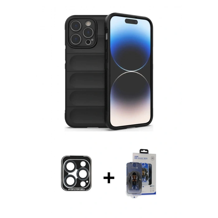 MARSİLYAN™- iPhone 15 Pro Max Kılıf Atlas Koleksiyonu - Siyah Vanessa Magic Cam + PVD Metal Kamera Lens - LT