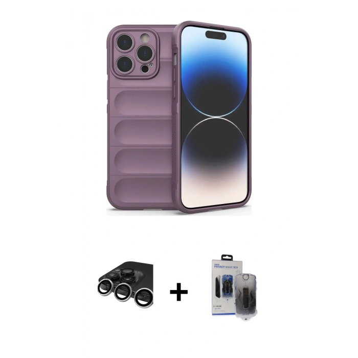 MARSİLYAN™- iPhone 15 Pro Max Kılıf Atlas Koleksiyonu - Siyah Vanessa Magic Hayalet Cam + Raze Metal Kamera Lens - GS