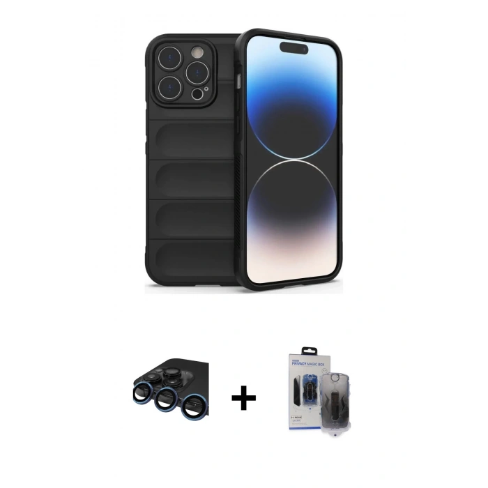 MARSİLYAN™- iPhone 15 Pro Max Kılıf Atlas Koleksiyonu - Siyah Vanessa Magic Hayalet Cam + Raze Metal Kamera Lens - LT