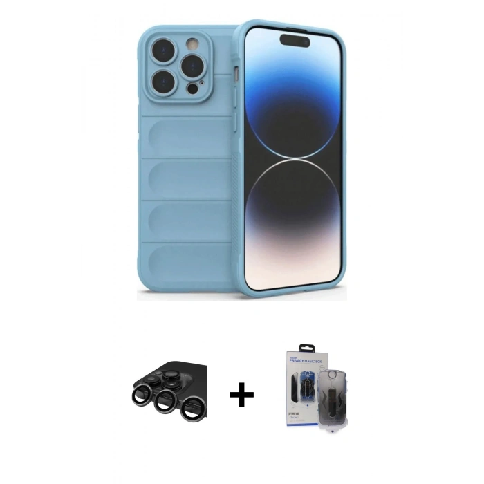 MARSİLYAN™- iPhone 15 Pro Max Kılıf Atlas Koleksiyonu - Siyah Vanessa Magic Hayalet Cam + Titanyum Gri Raze Metal Kamera Lens