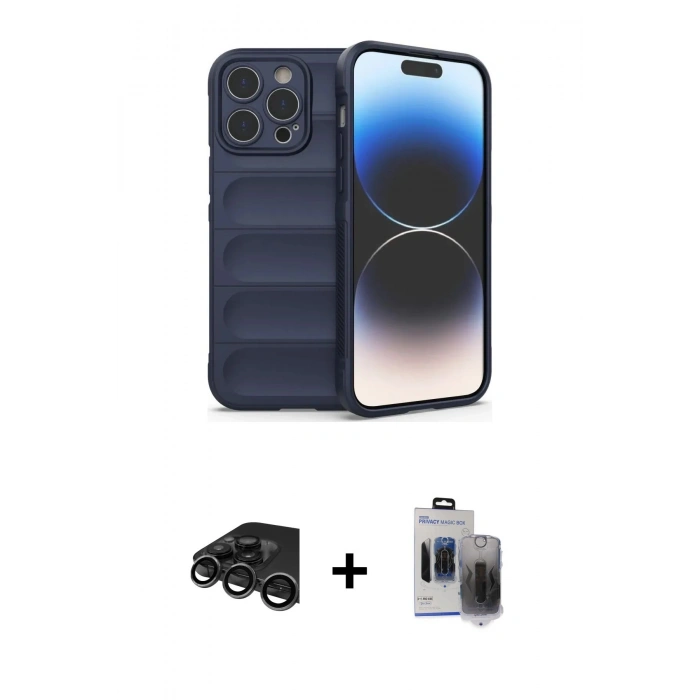 MARSİLYAN™- iPhone 15 Pro Max Kılıf Atlas Koleksiyonu - Siyah Vanessa Magic Hayalet Cam + Titanyum Gri Raze Metal Kamera Lens