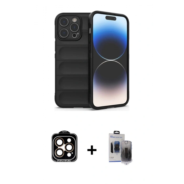 MARSİLYAN™- iPhone 15 Pro Max Kılıf Atlas Koleksiyonu - Siyah Vanessa Magic Hayalet Cam + Turuncu PVD Metal Kamera Lens