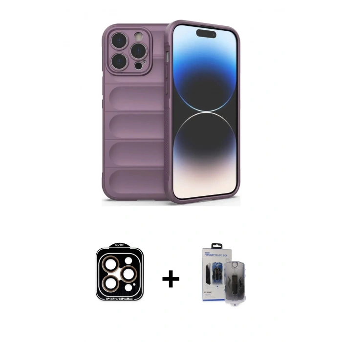 MARSİLYAN™- iPhone 15 Pro Max Kılıf Atlas Koleksiyonu - Siyah Vanessa Magic Hayalet Cam + Turuncu PVD Metal Kamera Lens