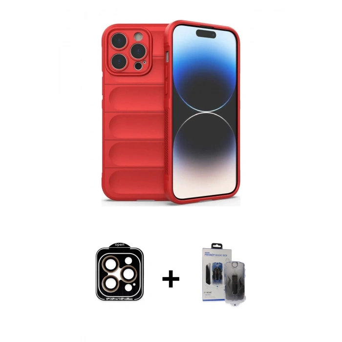 MARSİLYAN™- iPhone 15 Pro Max Kılıf Atlas Koleksiyonu - Siyah Vanessa Magic Hayalet Cam + Turuncu PVD Metal Kamera Lens