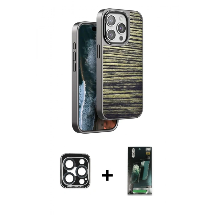 MARSİLYAN™- iPhone 15 Pro Max Kılıf Atlas Minimal Özel Seri - Şeffaf 360 Full Body Arka Koruyucu + PVD Metal Kamera Lens - LT