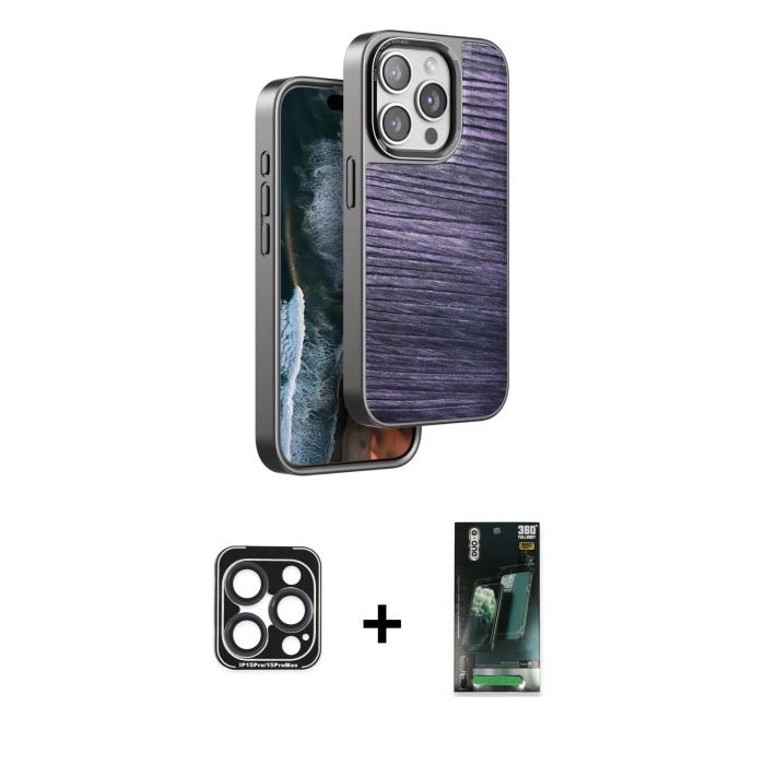 MARSİLYAN™- iPhone 15 Pro Max Kılıf Atlas Minimal Özel Seri - Şeffaf 360 Full Body Arka Koruyucu + PVD Metal Kamera Lens - LT