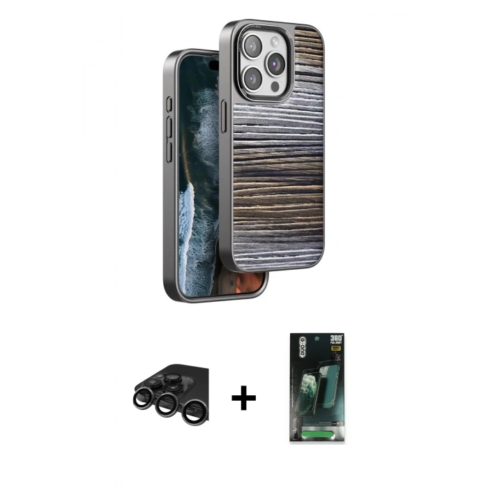 MARSİLYAN™- iPhone 15 Pro Max Kılıf Atlas Minimal Özel Seri - Şeffaf 360 Full Body Arka Koruyucu + Raze Metal Kamera Lens - TMGI