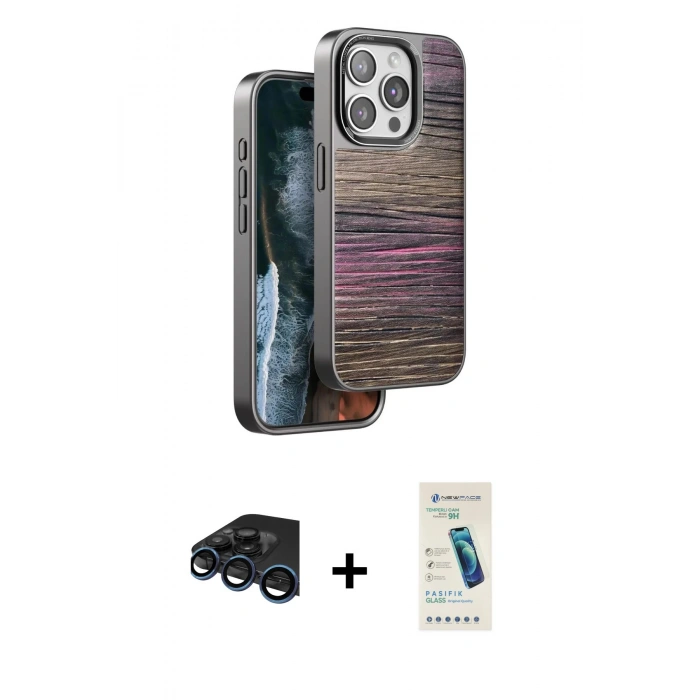 MARSİLYAN™- iPhone 15 Pro Max Kılıf Atlas Minimal Özel Seri - Şeffaf Pasifik Cam Ekran Koruyucu + Raze Metal Kamera Lens - LT