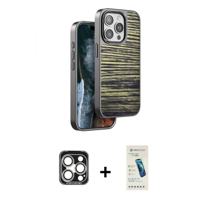 MARSİLYAN™- iPhone 15 Pro Max Kılıf Atlas Minimal Özel Seri - Şeffaf Pasifik Cam Ekran Koruyucu + PVD Metal Kamera Lens - GS