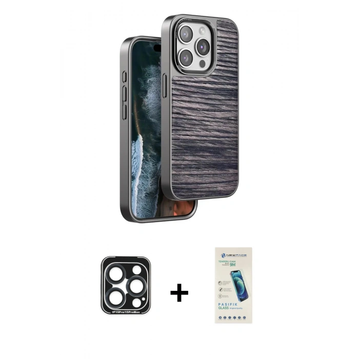 MARSİLYAN™- iPhone 15 Pro Max Kılıf Atlas Minimal Özel Seri - Şeffaf Pasifik Cam Ekran Koruyucu + PVD Metal Kamera Lens - LT