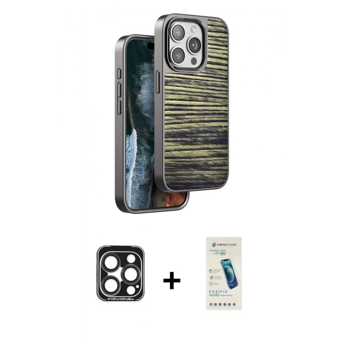 MARSİLYAN™- iPhone 15 Pro Max Kılıf Atlas Minimal Özel Seri - Şeffaf Pasifik Cam Ekran Koruyucu + PVD Metal Kamera Lens - LT
