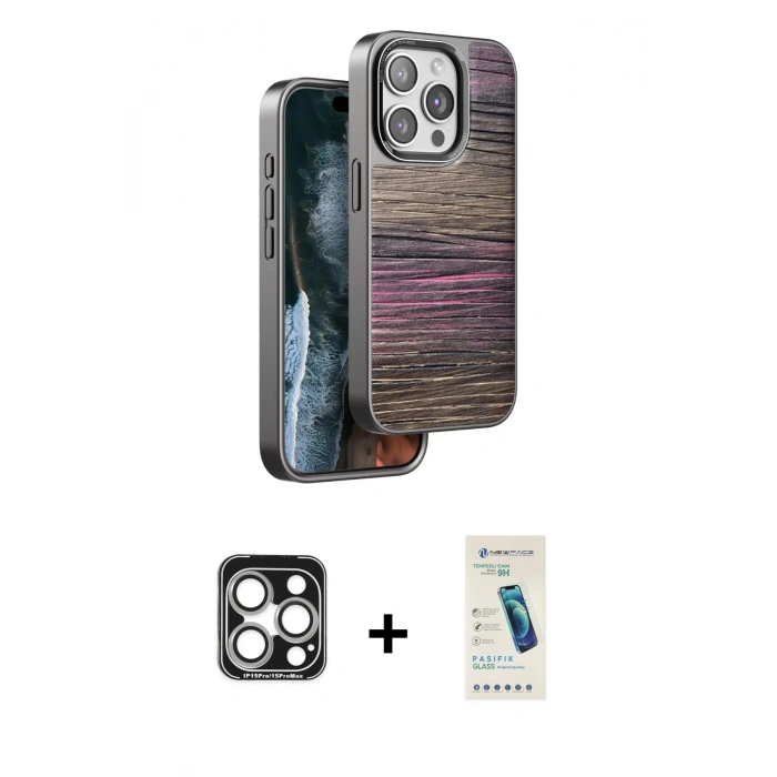 MARSİLYAN™- iPhone 15 Pro Max Kılıf Atlas Minimal Özel Seri - Şeffaf Pasifik Cam Ekran Koruyucu + PVD Metal Kamera Lens - GS