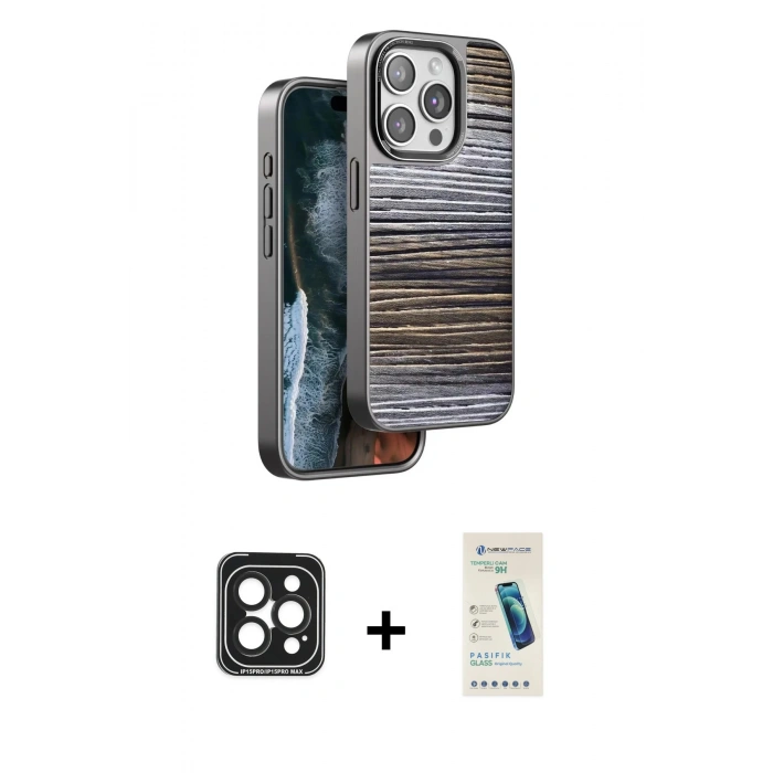MARSİLYAN™- iPhone 15 Pro Max Kılıf Atlas Minimal Özel Seri - Şeffaf Pasifik Cam Ekran Koruyucu + PVD Metal Kamera Lens - SH