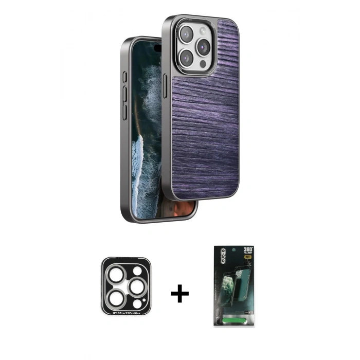 MARSİLYAN™- iPhone 15 Pro Max Kılıf Atlas Minimal Özel Seri - Siyah 360 Mat Full Body Arka Koruyucu + PVD Metal Kamera Lens - GS