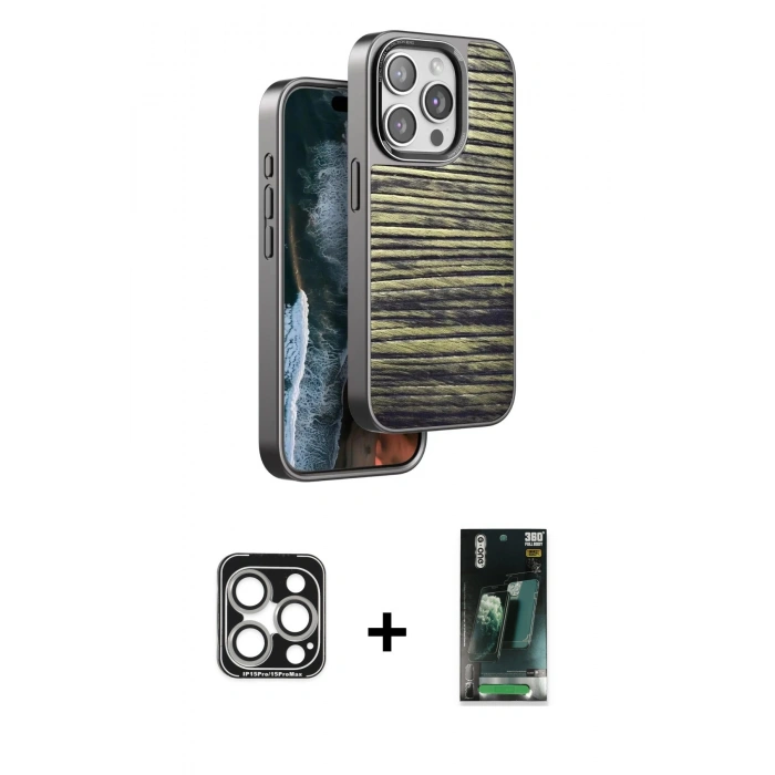 MARSİLYAN™- iPhone 15 Pro Max Kılıf Atlas Minimal Özel Seri - Siyah 360 Mat Full Body Arka Koruyucu + PVD Metal Kamera Lens - GS