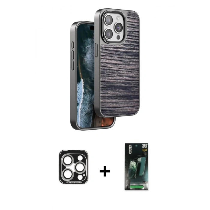 MARSİLYAN™- iPhone 15 Pro Max Kılıf Atlas Minimal Özel Seri - Siyah 360 Mat Full Body Arka Koruyucu + PVD Metal Kamera Lens - GS