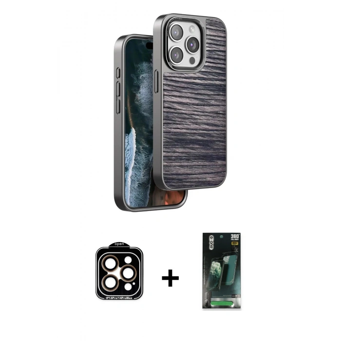 MARSİLYAN™- iPhone 15 Pro Max Kılıf Atlas Minimal Özel Seri - Siyah 360 Mat Full Body Arka Koruyucu + PVD Metal Kamera Lens - TU