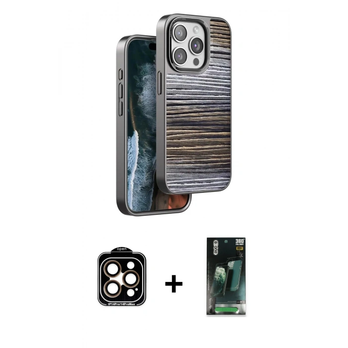 MARSİLYAN™- iPhone 15 Pro Max Kılıf Atlas Minimal Özel Seri - Siyah 360 Mat Full Body Arka Koruyucu + PVD Metal Kamera Lens - TU