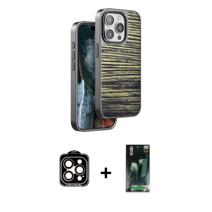 MARSİLYAN™- iPhone 15 Pro Max Kılıf Atlas Minimal Özel Seri - Siyah 360 Mat Full Body Arka Koruyucu + PVD Metal Kamera Lens - TU