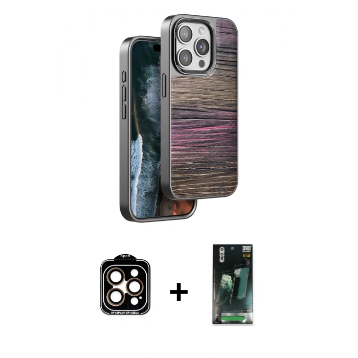 MARSİLYAN™- iPhone 15 Pro Max Kılıf Atlas Minimal Özel Seri - Siyah 360 Mat Full Body Arka Koruyucu + PVD Metal Kamera Lens - TU