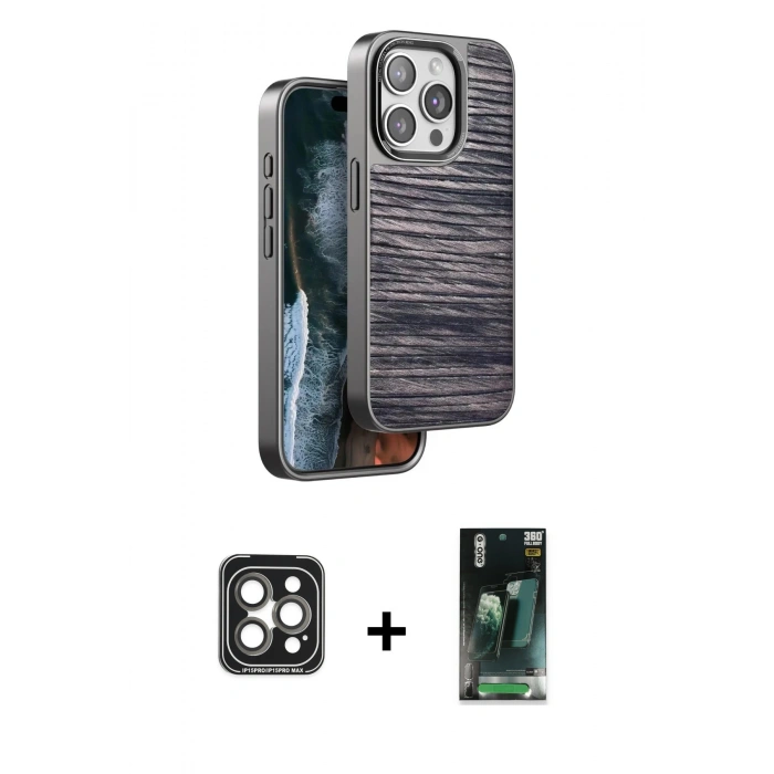 MARSİLYAN™- iPhone 15 Pro Max Kılıf Atlas Minimal Özel Seri - Siyah 360 Mat Full Body Arka Koruyucu + PVD Metal Kamera Lens - GI