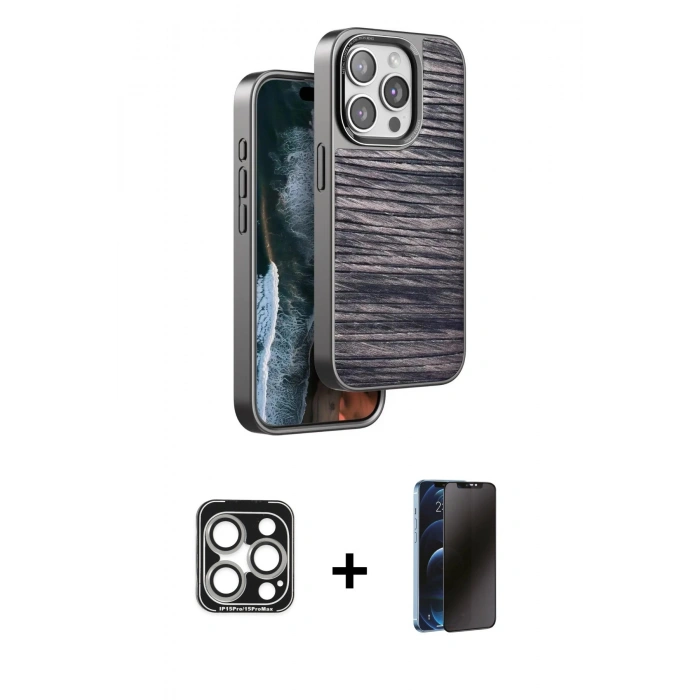 MARSİLYAN™- iPhone 15 Pro Max Kılıf Atlas Minimal Özel Seri - Siyah 3D Antistatik Hayalet Cam Ekran Koruyucu + PVD Metal Kamera Lens - GS