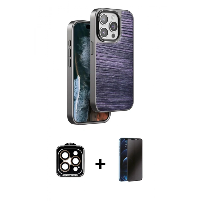 MARSİLYAN™- iPhone 15 Pro Max Kılıf Atlas Minimal Özel Seri - Siyah 3D Antistatik Hayalet Cam Ekran Koruyucu + PVD Metal Kamera Lens - TU
