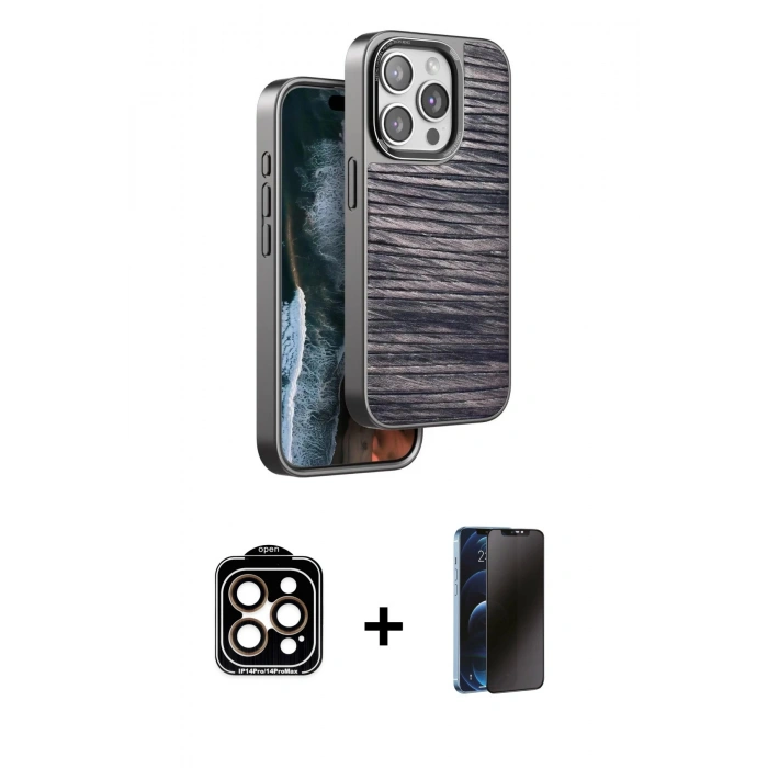 MARSİLYAN™- iPhone 15 Pro Max Kılıf Atlas Minimal Özel Seri - Siyah 3D Antistatik Hayalet Cam Ekran Koruyucu + PVD Metal Kamera Lens - TU