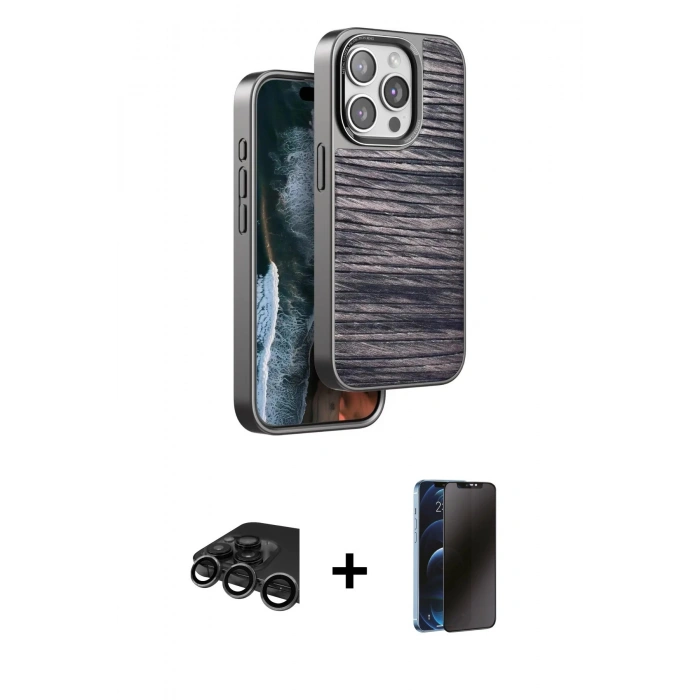 MARSİLYAN™- iPhone 15 Pro Max Kılıf Atlas Minimal Özel Seri - Siyah 3D Antistatik Hayalet Cam Ekran Koruyucu + Raze Metal Kamera Lens - TMGI