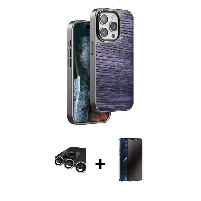 MARSİLYAN™- iPhone 15 Pro Max Kılıf Atlas Minimal Özel Seri - Siyah 3D Antistatik Hayalet Cam Ekran Koruyucu + Raze Metal Kamera Lens - GS