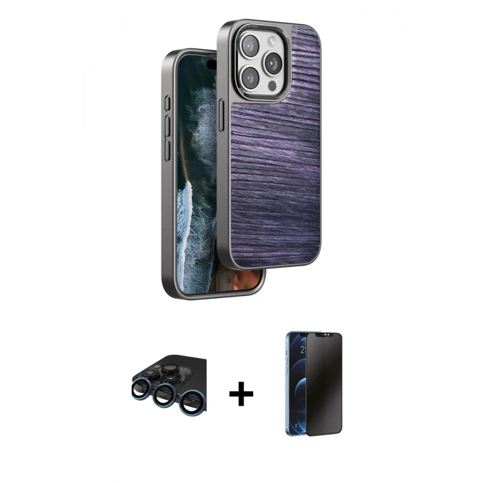MARSİLYAN™- iPhone 15 Pro Max Kılıf Atlas Minimal Özel Seri - Siyah 3D Antistatik Hayalet Cam Ekran Koruyucu + Raze Metal Kamera Lens - LT