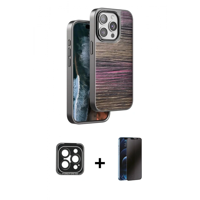 MARSİLYAN™- iPhone 15 Pro Max Kılıf Atlas Minimal Özel Seri - Siyah 3D Antistatik Hayalet Cam Ekran Koruyucu + PVD Metal Kamera Lens - SH