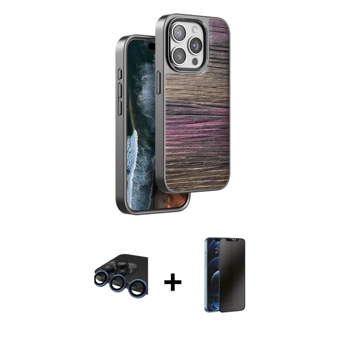 MARSİLYAN™- iPhone 15 Pro Max Kılıf Atlas Minimal Özel Seri - Siyah 3D Antistatik Hayalet Cam Ekran Koruyucu + Raze Metal Kamera Lens - LT